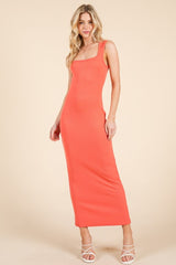 Coral Ribbed Square Neck Sleeveless Maxi Dress