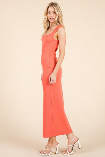 Coral Ribbed Square Neck Sleeveless Maxi Dress