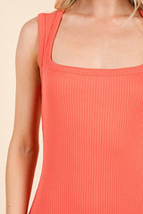 Coral Ribbed Square Neck Sleeveless Maxi Dress