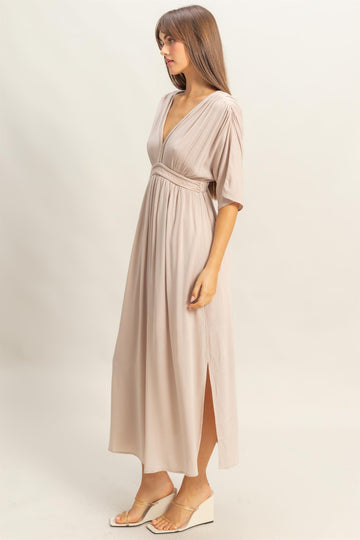 Beige V-Neck Braid Detail Maxi Dress