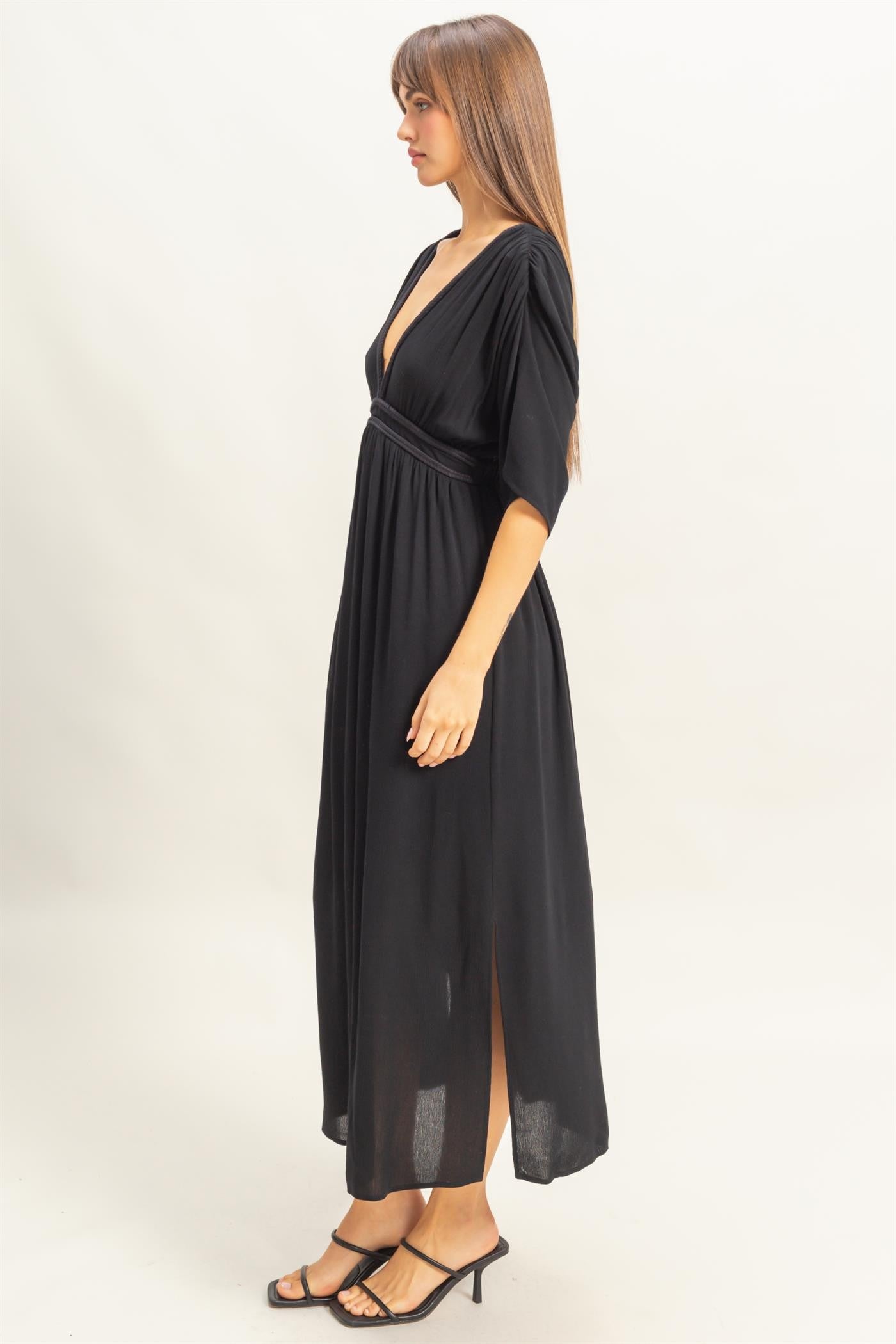 Black V-Neck Braid Detail Maxi Dress