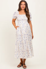 Blue Floral Printed Puff Sleeve Maternity Midi Dress