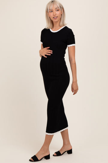 Black/White Short Sleeve Sweater Knit Rib Maternity Midi Dress