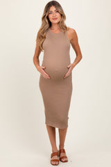 Taupe Ribbed Sleeveless Maternity Midi Dress