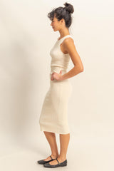 Cream Ribbed Sleeveless Midi Dress