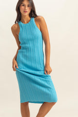 Blue Round Neck Bodycon Ribbed Knit Midi Dress