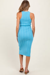 Blue Round Neck Bodycon Ribbed Knit Maternity Midi Dress