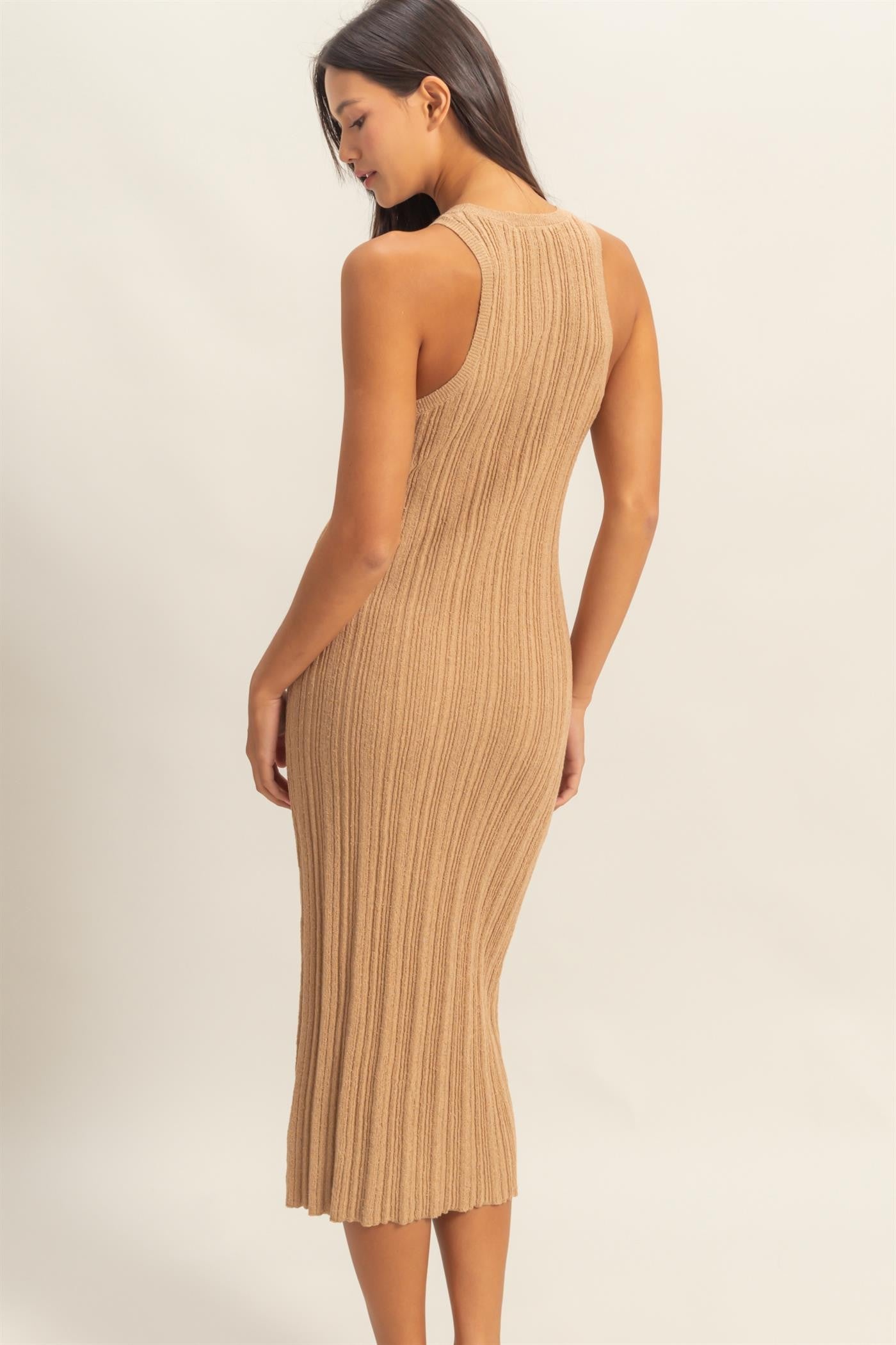 Taupe Round Neck Bodycon Ribbed Knit Midi Dress