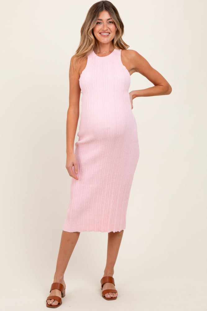 Light Pink Round Neck Bodycon Ribbed Knit Maternity Midi Dress