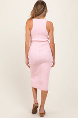 Light Pink Round Neck Bodycon Ribbed Knit Maternity Midi Dress