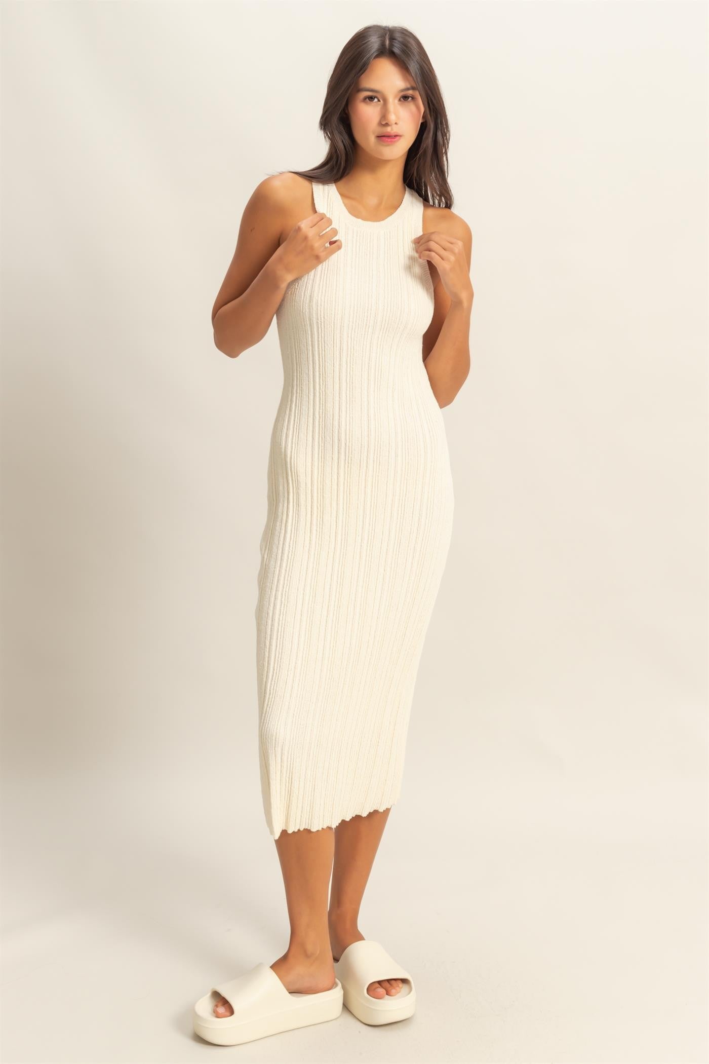 Ivory Round Neck Bodycon Ribbed Knit Midi Dress