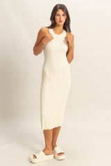 Ivory Round Neck Bodycon Ribbed Knit Midi Dress