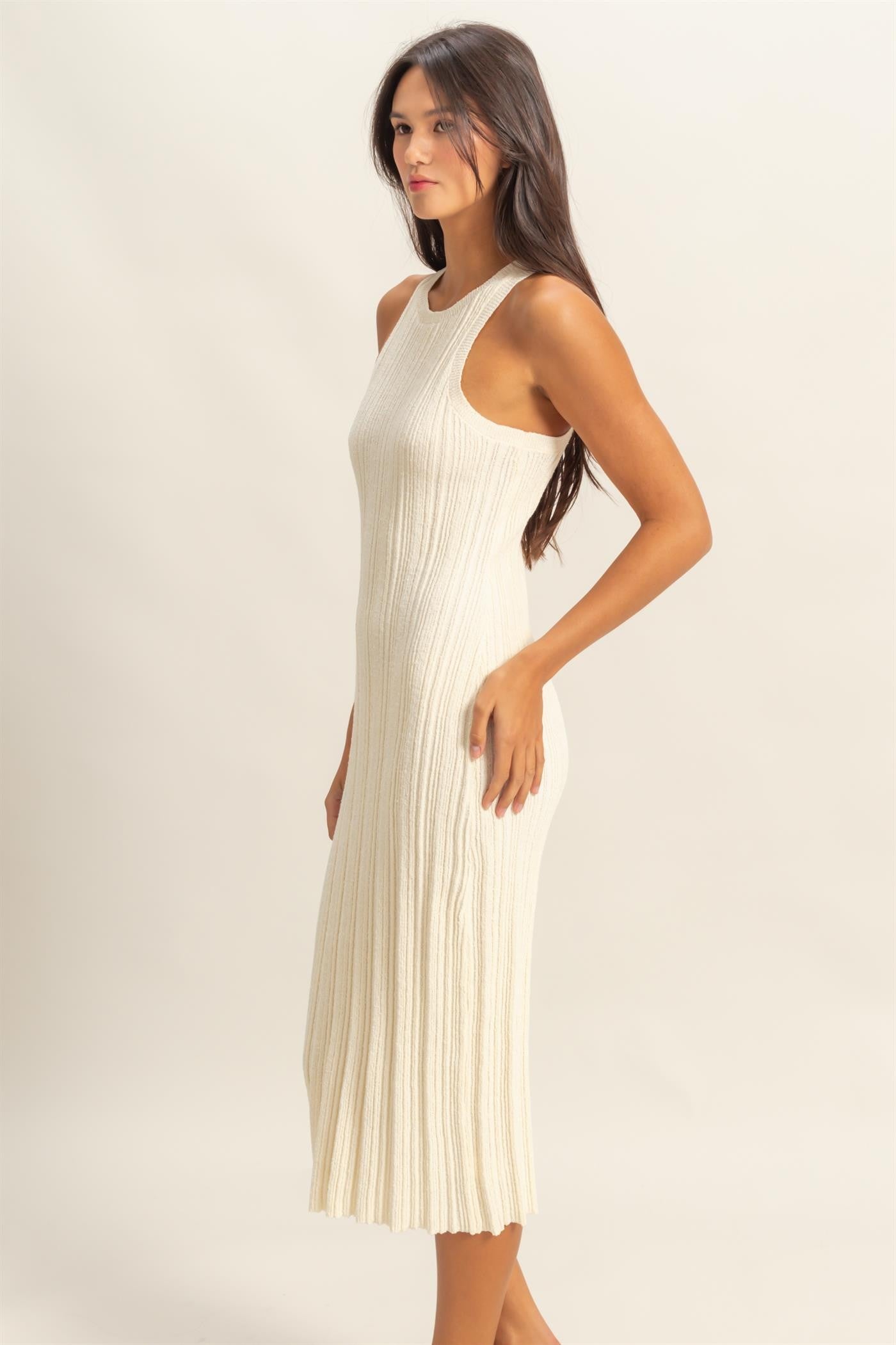 Ivory Round Neck Bodycon Ribbed Knit Midi Dress
