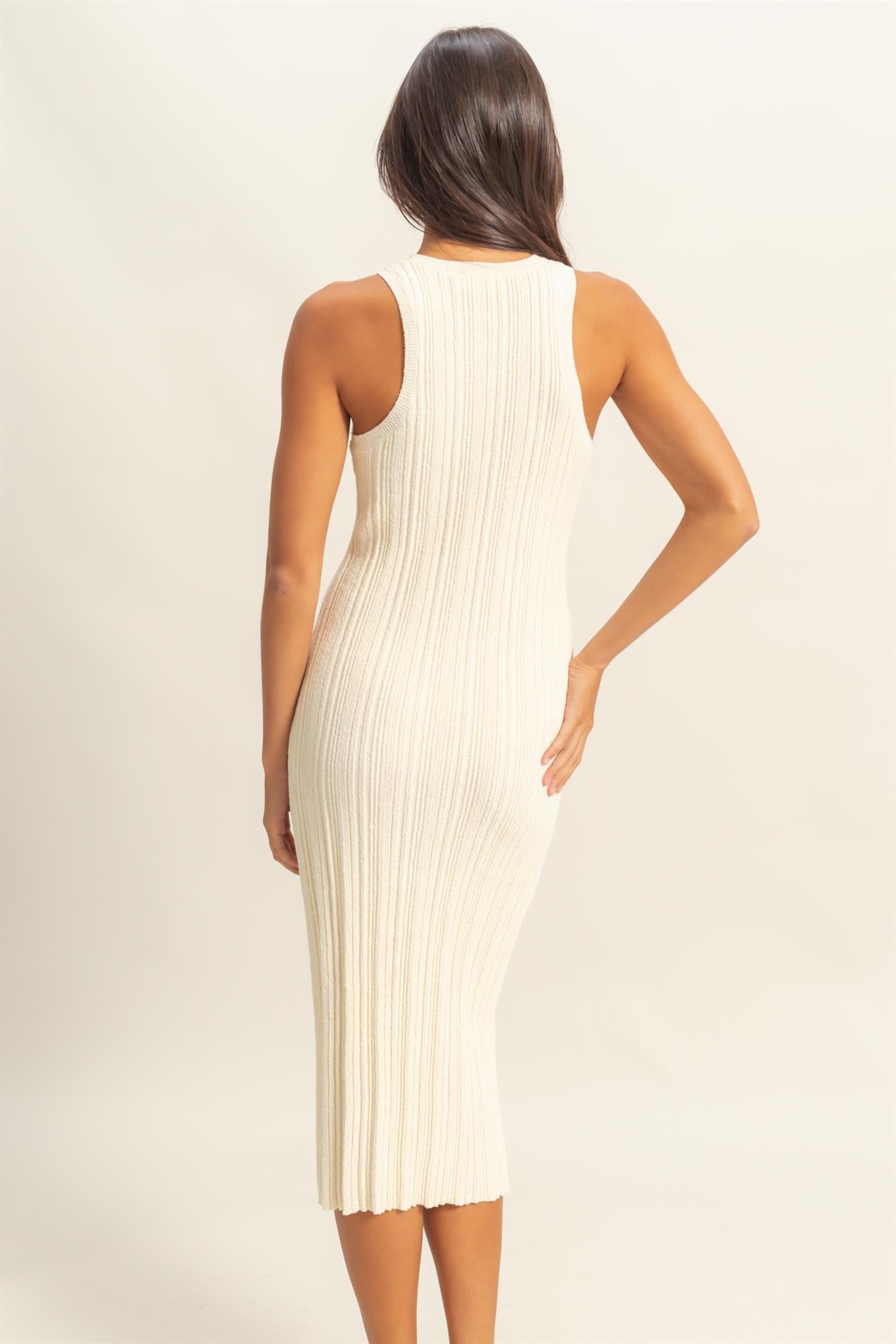Ivory Round Neck Bodycon Ribbed Knit Midi Dress