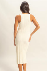 Ivory Round Neck Bodycon Ribbed Knit Midi Dress