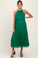 Green Pleated Woven Maternity Midi Dress