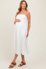 Ivory Lace Strapless Lace Up Back Maternity Midi Dress