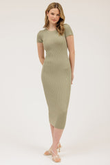 Light Olive Short Sleeve Rib Knit Maternity Midi Dress