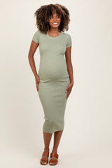 Light Olive Short Sleeve Rib Knit Maternity Midi Dress