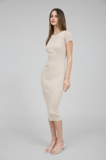 Cream Short Sleeve Rib Knit Midi Dress