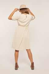 Ivory Textured Knit Puff Sleeve Midi Dress