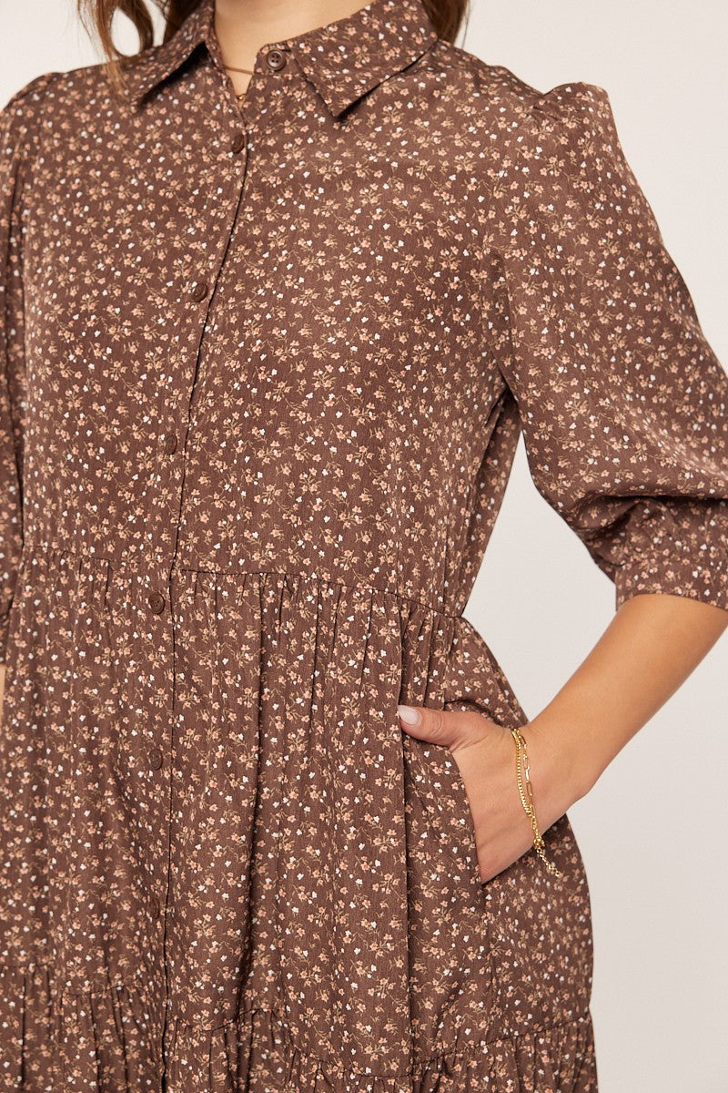 Brown Floral Tiered Shirt Midi Dress