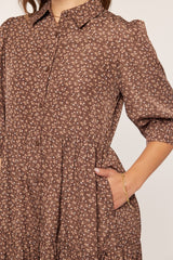 Brown Floral Tiered Shirt Midi Dress