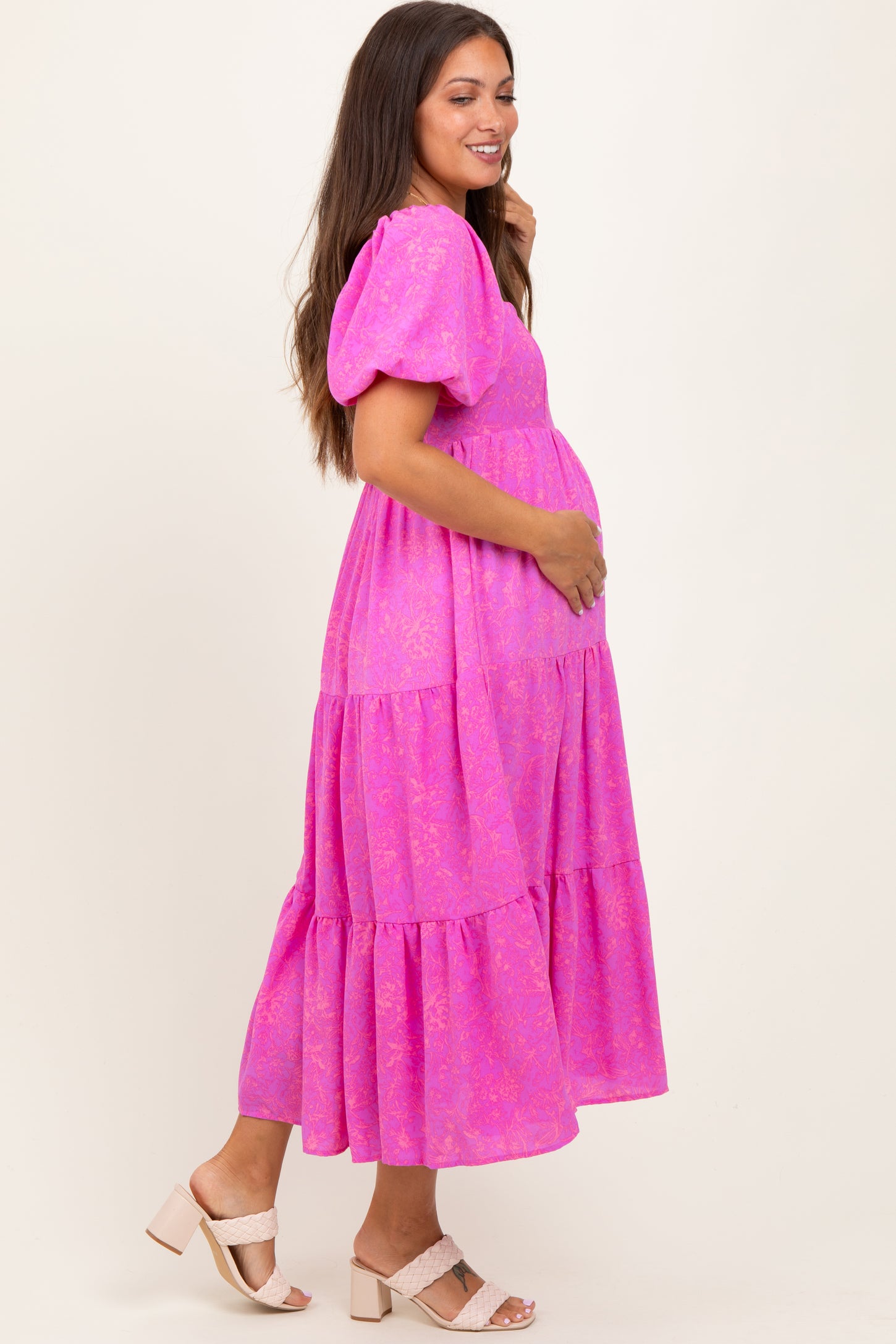 Pink Printed Puff Sleeve Tiered Maternity Midi Dress