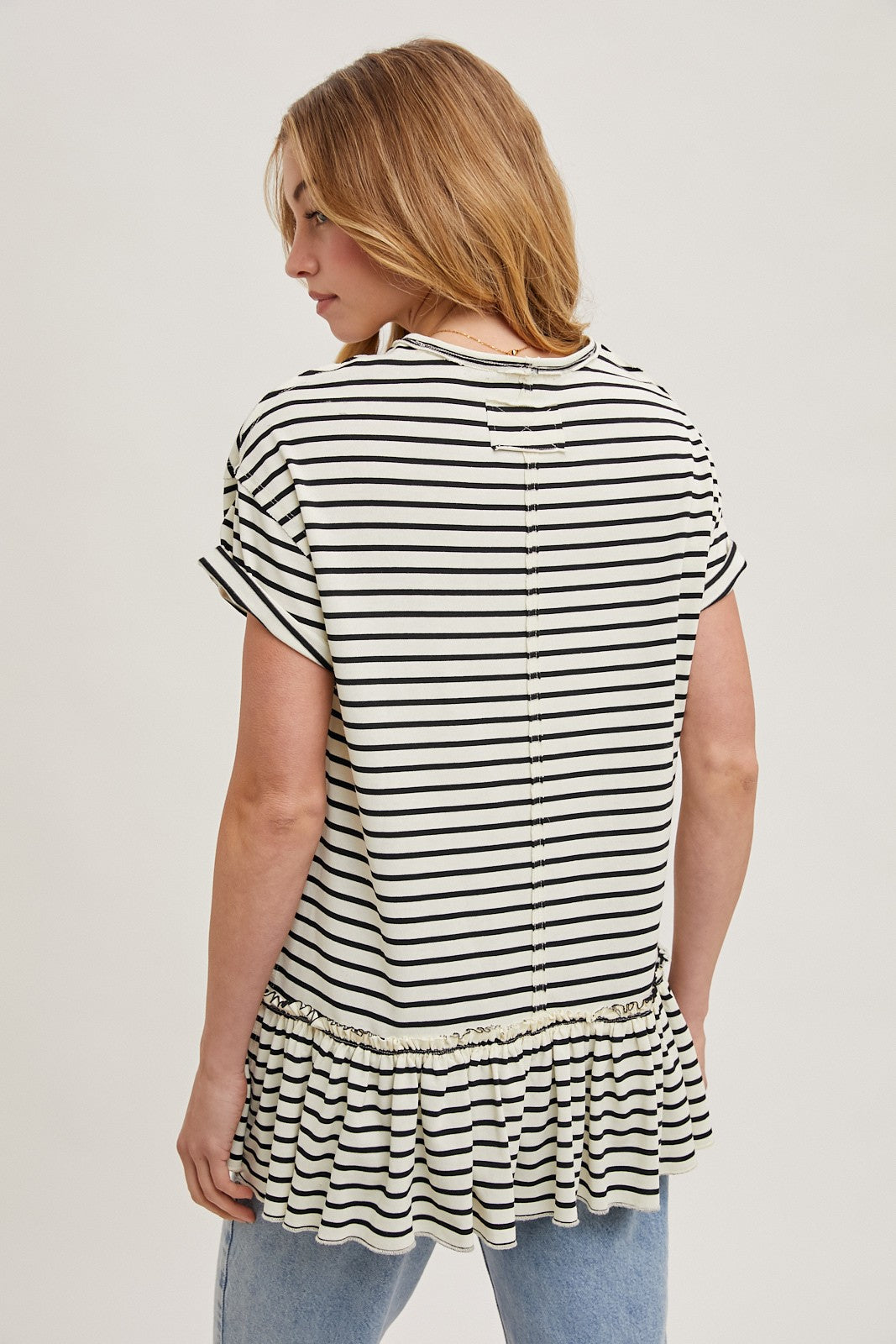 Ivory Striped Ruffle Hem Short Sleeve Top