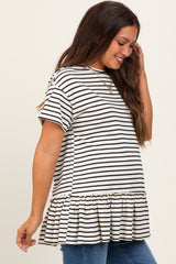 Ivory Striped Ruffle Hem Maternity Short Sleeve Top