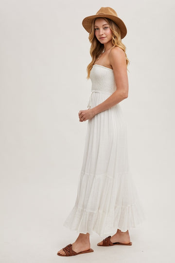 Ivory Smocked Strapless Front Tie Maxi Dress