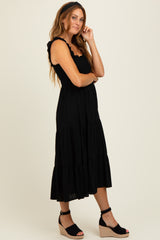 Black Smocked Ruffle Strap Tiered Midi Dress