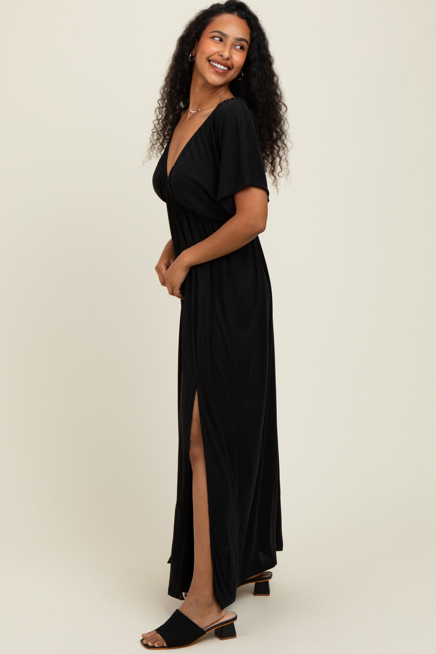 Black V-Neck Flutter Sleeve Side Slit Maxi Dress