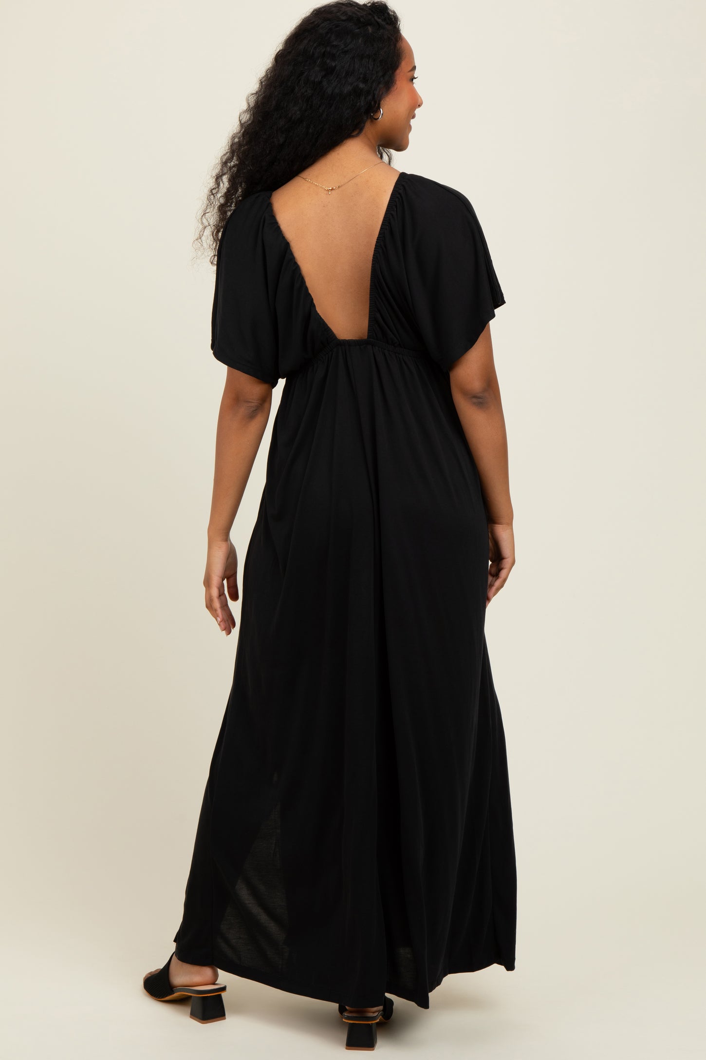 Black V-Neck Flutter Sleeve Side Slit Maxi Dress