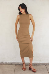 Light Taupe Mock Neck Side Slit Midi Dress