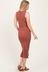 Mocha Mock Neck Side Slit Maternity Midi Dress