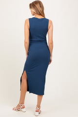 Blue Mock Neck Side Slit Maternity Midi Dress