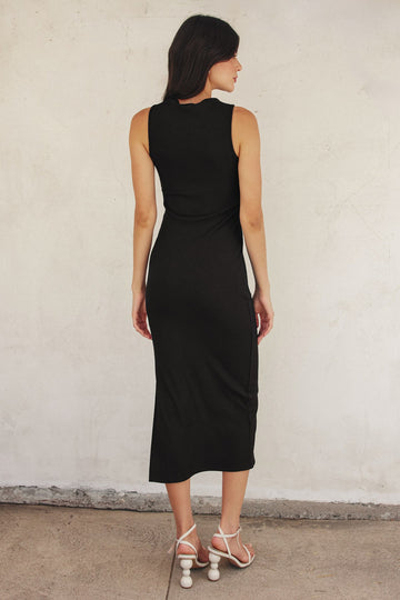 Black Mock Neck Side Slit Midi Dress