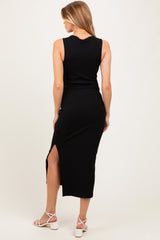 Black Mock Neck Side Slit Maternity Midi Dress