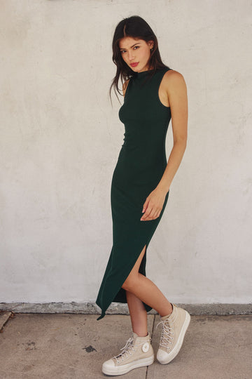 Forest Green Mock Neck Side Slit Midi Dress