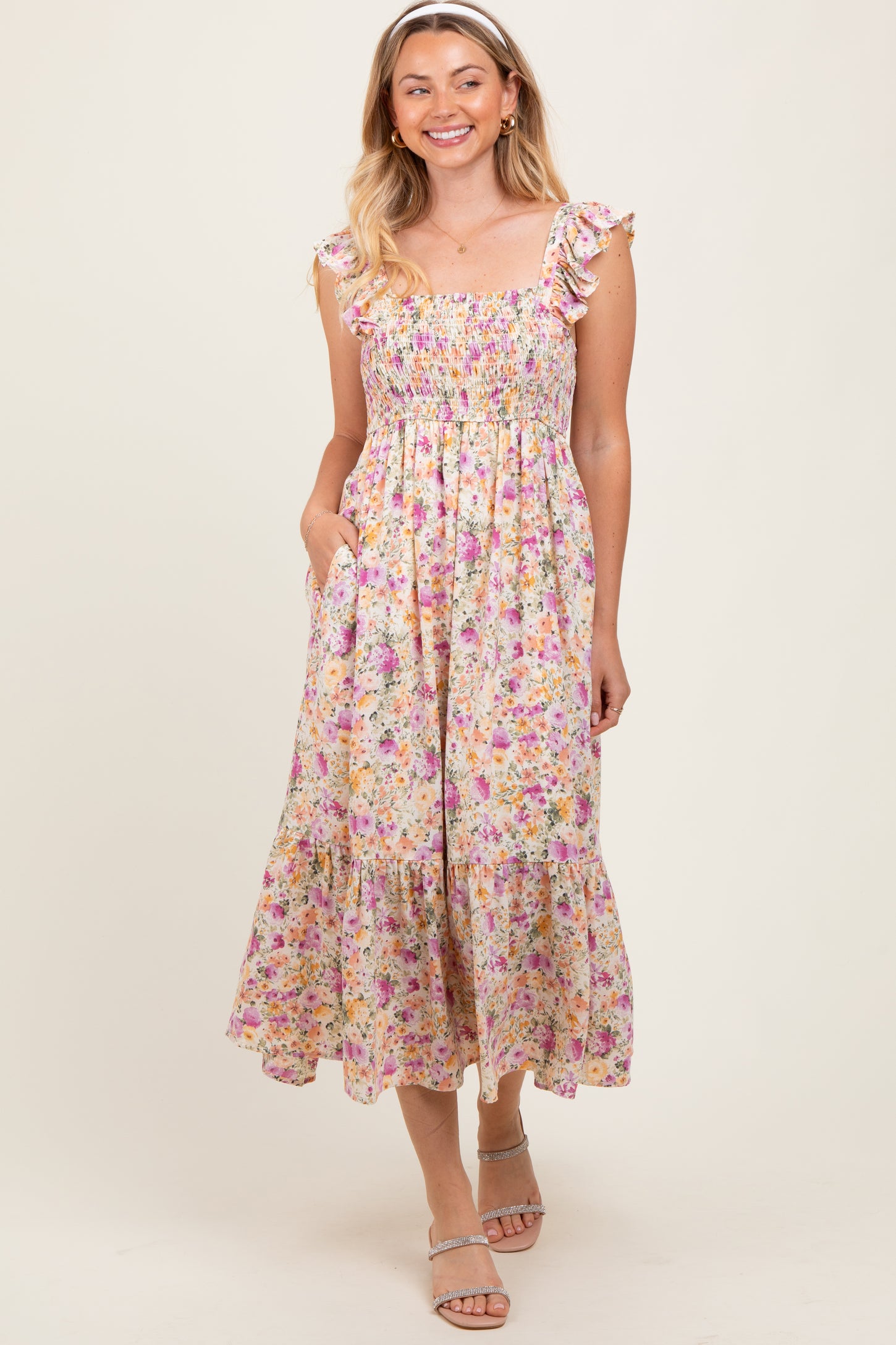 Multi Color Floral Flutter Sleeve Smocked Midi Dress