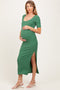 Green Ribbed Short Sleeve Side Slit Maternity Midi Dress