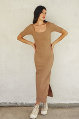 Light Taupe Ribbed Short Sleeve Side Slit Maternity Midi Dress