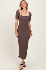 Brown Ribbed Short Sleeve Side Slit Midi Dress