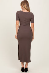 Brown Ribbed Short Sleeve Side Slit Midi Dress