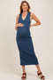 Blue Knit Collared Deep V-Neck Maternity Maxi Dress