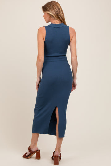 Blue Knit Collared Deep V-Neck Maternity Maxi Dress
