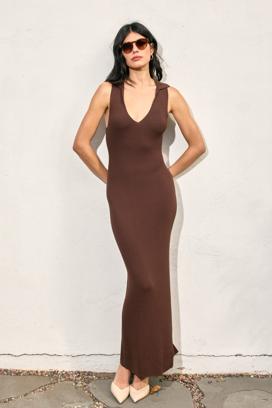 Brown Knit Collared Deep V-Neck Maxi Dress
