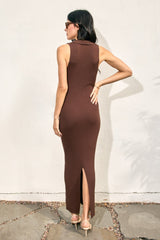 Brown Knit Collared Deep V-Neck Maxi Dress