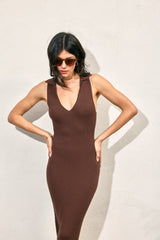 Brown Knit Collared Deep V-Neck Maxi Dress